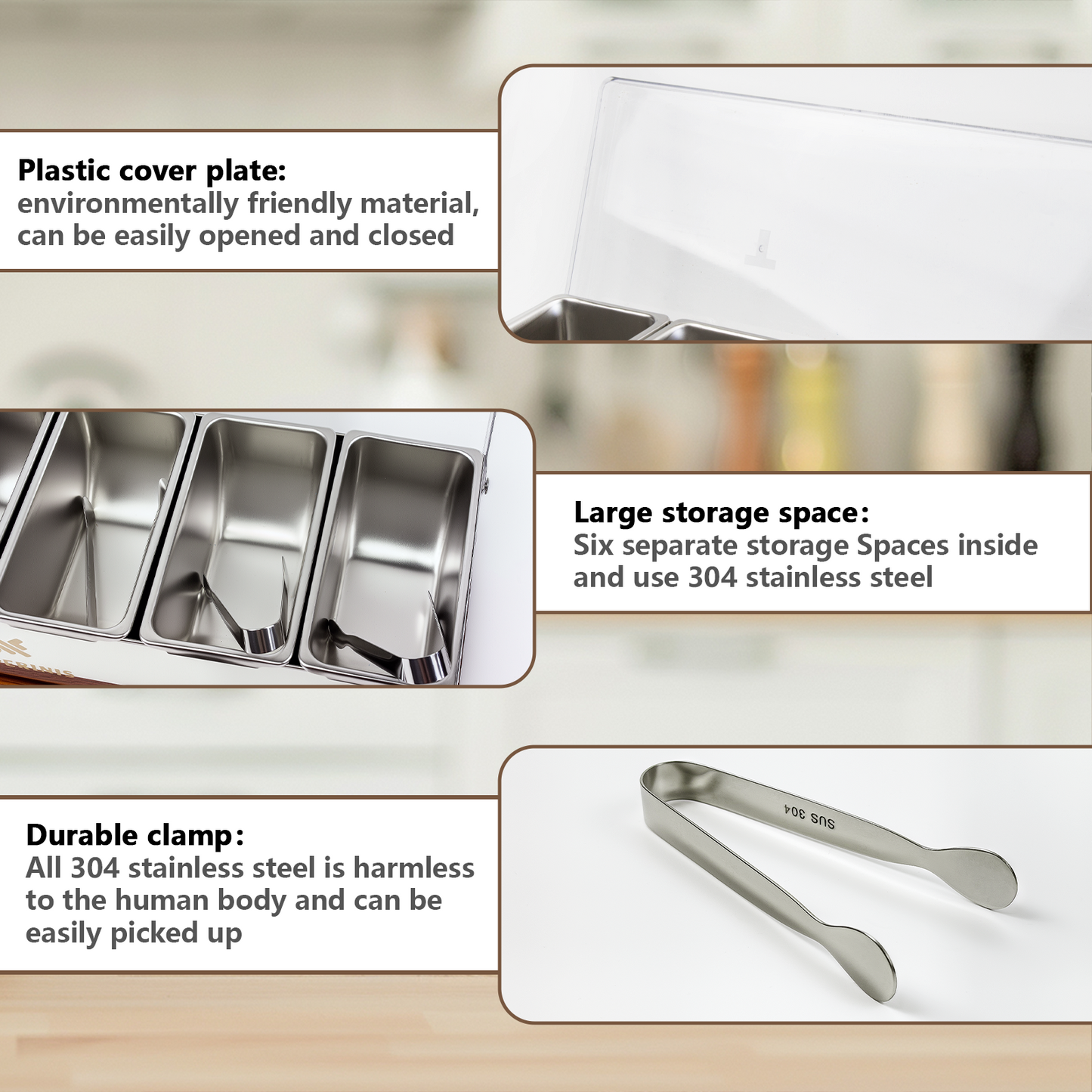 6-Slot Condiment Carrier with Transparent Lids – Stainless Steel Garnish Tray for BBQs, Parties & Restaurants